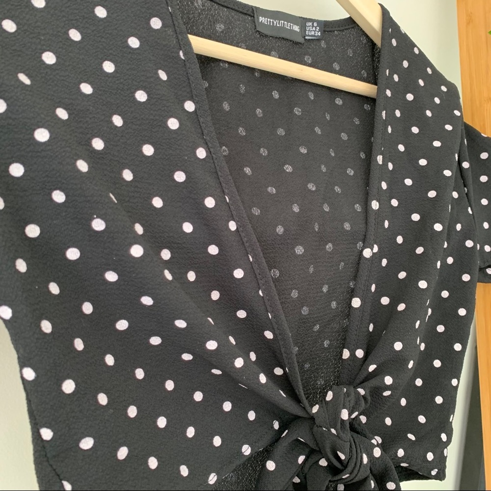 Pretty Little Thing Polka Dot Crop Wrap Black Top - Picture 6 of 6